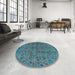 Round Machine Washable Abstract Deep Turquoise Green Rug in a Office, wshabs4361