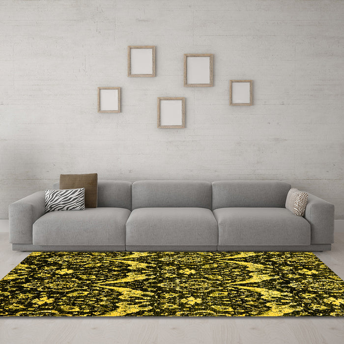 Machine Washable Abstract Yellow Modern Rug in a Living Room, wshabs437yw