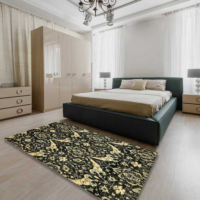 Machine Washable Abstract Brass Green Rug in a Bedroom, wshabs437