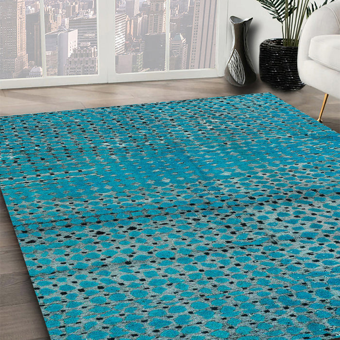 Abstract Bright Turquoise Blue Modern Rug in Family Room, abs4381