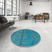 Round Machine Washable Abstract Bright Turquoise Blue Rug in a Office, wshabs4381