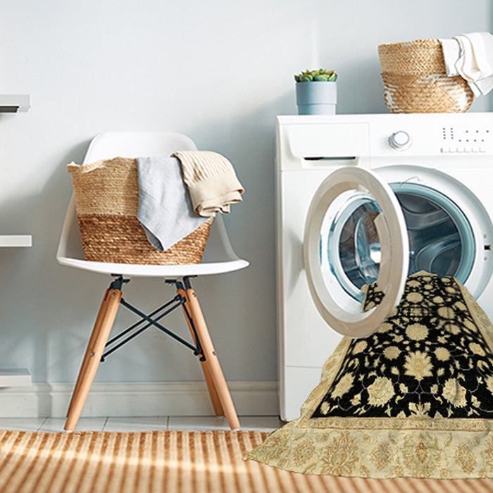 Machine Washable Abstract Mustard Yellow Rug in a Washing Machine, wshabs438