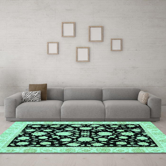 Machine Washable Oriental Turquoise Traditional Area Rugs in a Living Room,, wshabs438turq