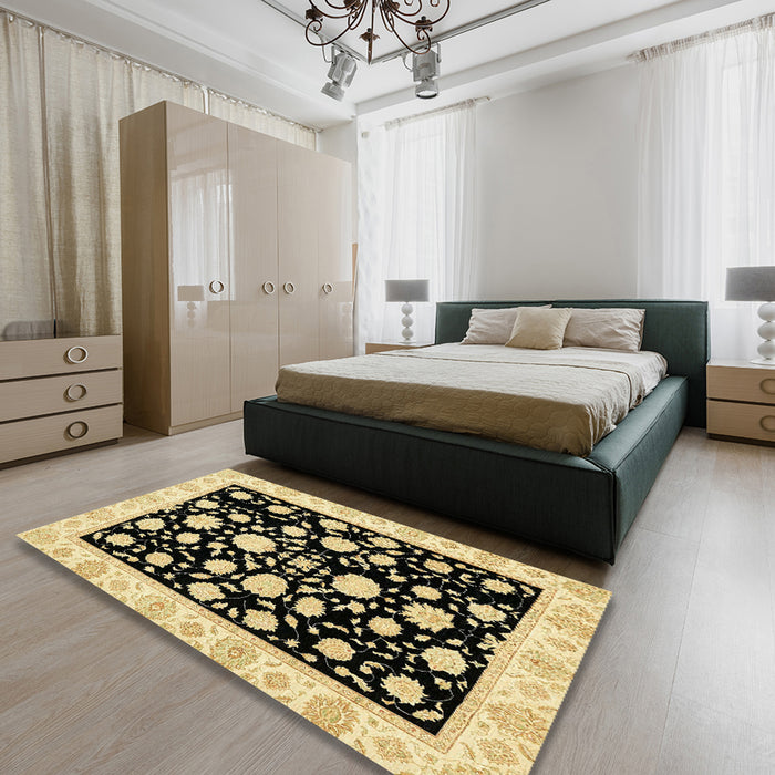Machine Washable Abstract Mustard Yellow Rug in a Bedroom, wshabs438