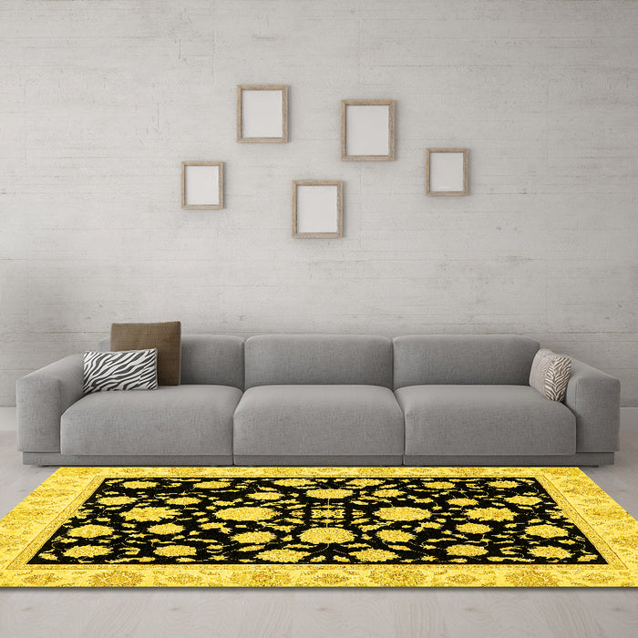 Machine Washable Oriental Yellow Traditional Rug in a Living Room, wshabs438yw