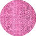 Round Machine Washable Oriental Pink Traditional Rug, wshabs439pnk