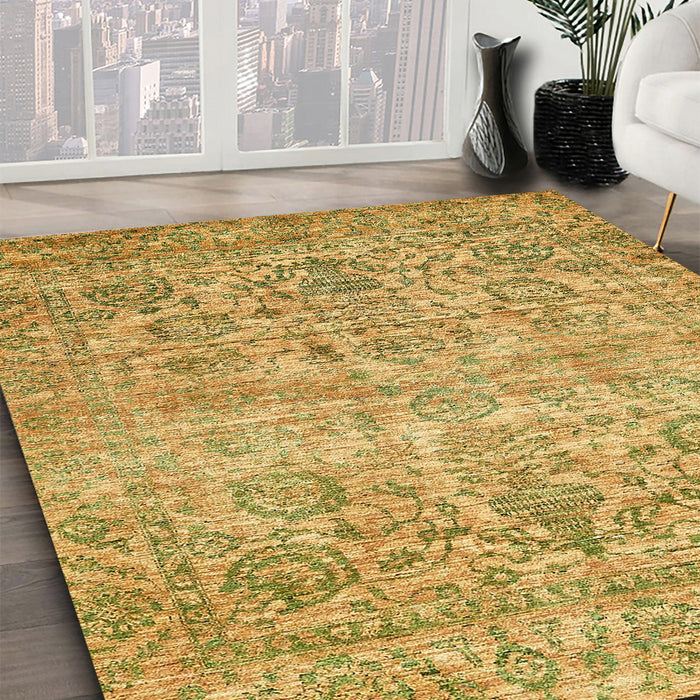 Abstract Golden Brown Yellow Oriental Rug in Family Room, abs439