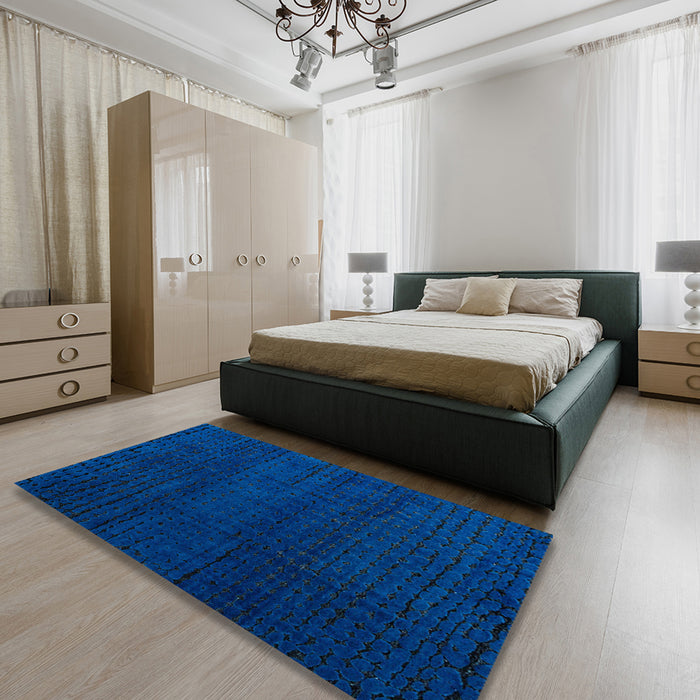 Abstract Blue Orchid Blue Oriental Rug in a Bedroom, abs4409