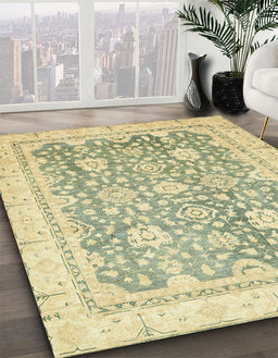 Abstract Copper Green Oriental Rug in Family Room, abs441