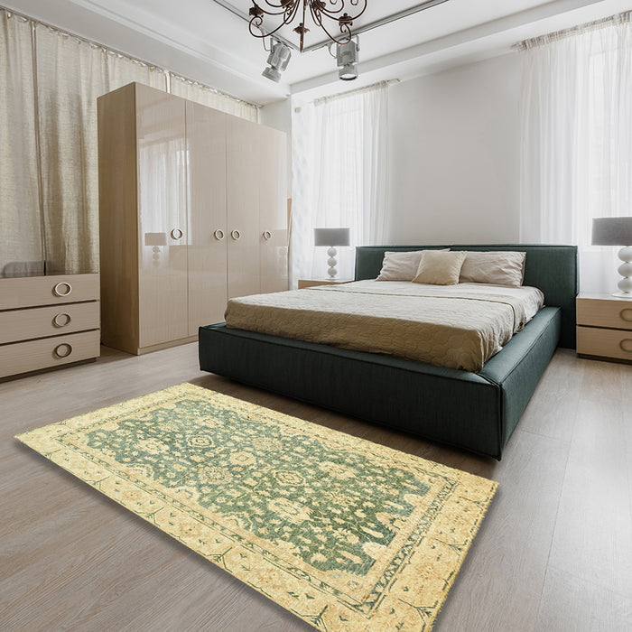 Machine Washable Abstract Brass Green Rug in a Bedroom, wshabs441
