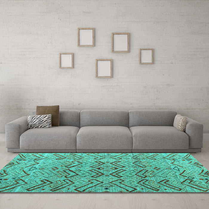 Machine Washable Abstract Turquoise Modern Area Rugs in a Living Room,, wshabs4425turq