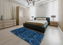 Abstract Bright Navy Blue Persian Rug in a Bedroom, abs4430