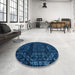 Round Machine Washable Abstract Bright Navy Blue Rug in a Office, wshabs4430