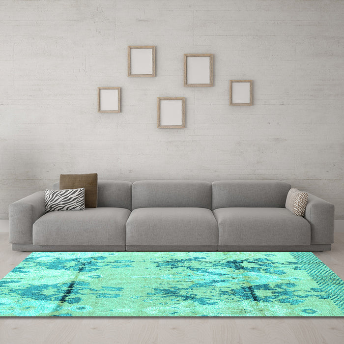 Machine Washable Abstract Turquoise Modern Area Rugs in a Living Room,, wshabs4441turq