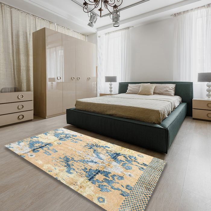 Machine Washable Abstract Vanilla Gold Rug in a Bedroom, wshabs4441