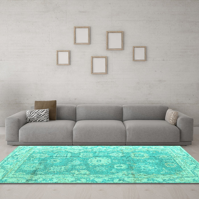 Machine Washable Abstract Turquoise Modern Area Rugs in a Living Room,, wshabs4443turq