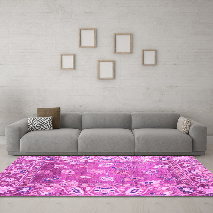Machine Washable Oriental Pink Traditional Rug in a Living Room, wshabs4444pnk