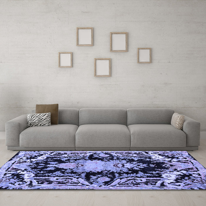 Machine Washable Medallion Blue French Rug in a Living Room, wshabs4445blu