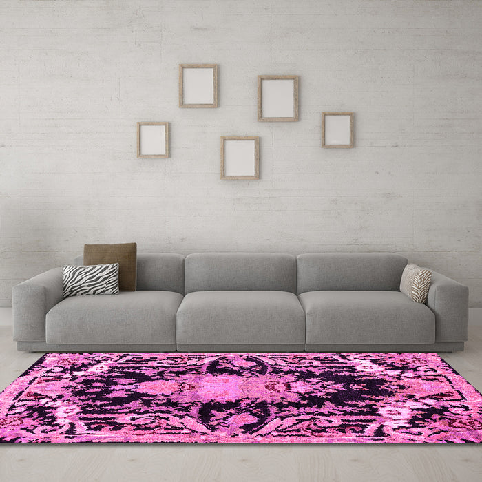 Machine Washable Medallion Pink French Rug in a Living Room, wshabs4445pnk