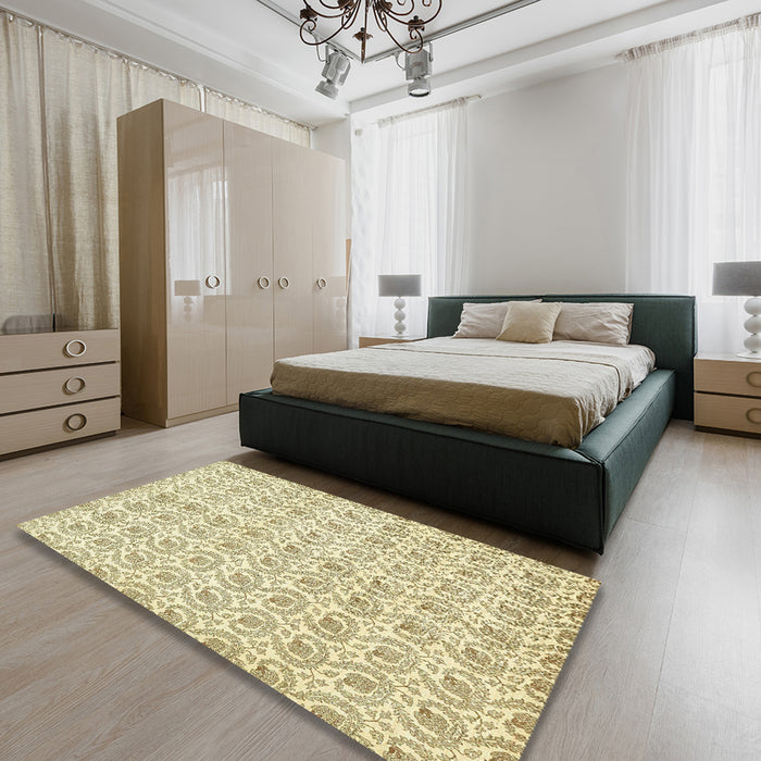 Abstract Copper Green Modern Rug in a Bedroom, abs444