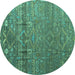 Round Machine Washable Abstract Turquoise Modern Area Rugs, wshabs4451turq