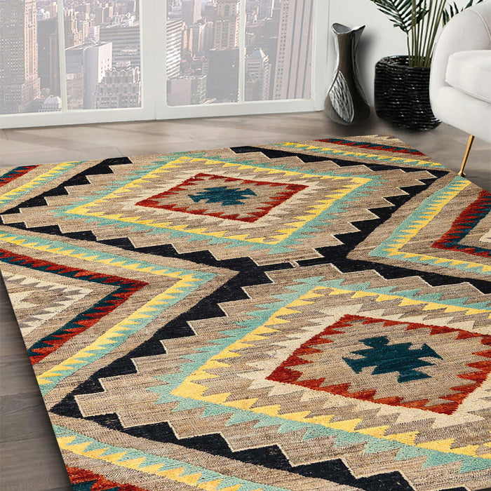 Machine Washable Abstract Ginger Brown Green Rug in a Family Room, wshabs4454