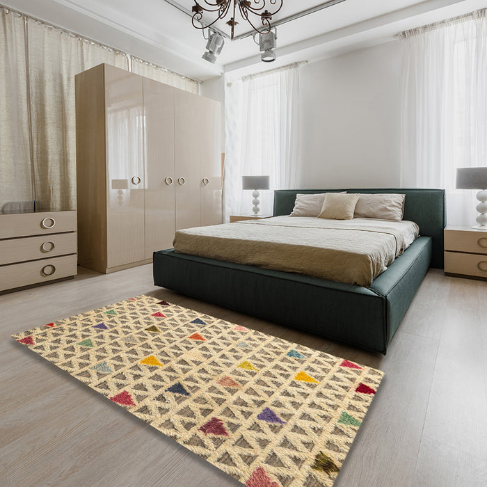 Machine Washable Abstract Brown Gold Rug in a Bedroom, wshabs4460