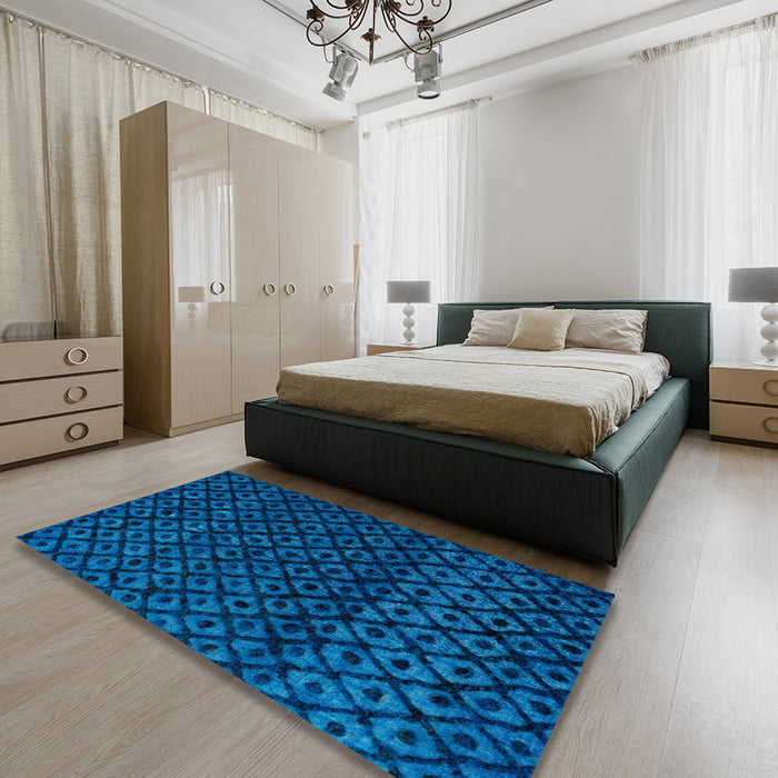 Abstract Neon Blue Modern Rug in a Bedroom, abs4461