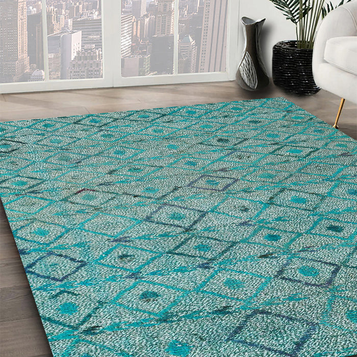 Abstract Turquoise Green Modern Rug in Family Room, abs4466