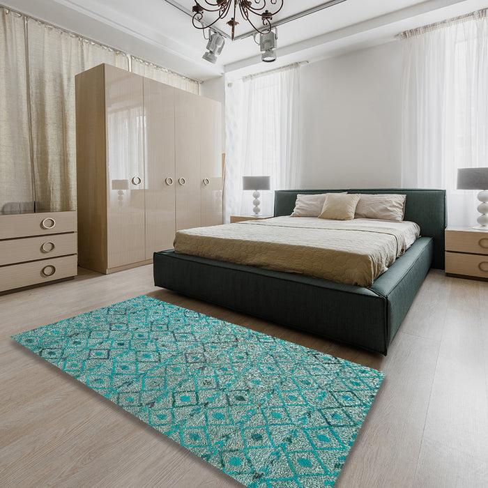 Abstract Turquoise Green Modern Rug in a Bedroom, abs4466