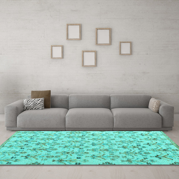 Machine Washable Abstract Turquoise Modern Area Rugs in a Living Room,, wshabs4469turq
