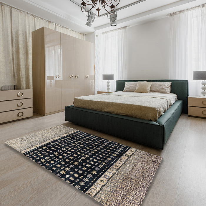 Abstract Charcoal Black Modern Rug in a Bedroom, abs4483