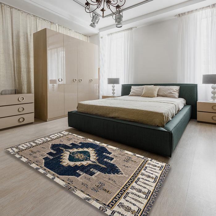 Abstract Light French Beige Brown Modern Rug in a Bedroom, abs4488