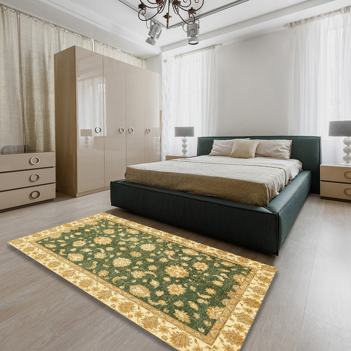 Abstract Chrome Gold Yellow Oriental Rug in a Bedroom, abs448