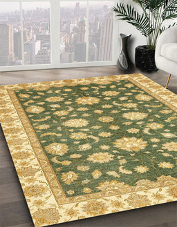 Abstract Chrome Gold Yellow Oriental Rug in Family Room, abs448