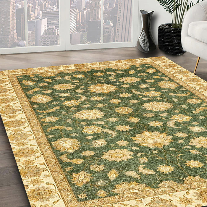 Abstract Chrome Gold Yellow Oriental Rug in Family Room, abs448