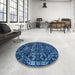 Round Abstract Blue Modern Rug in a Office, abs4490