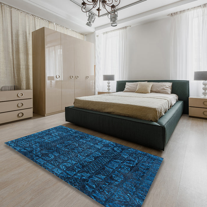 Machine Washable Abstract Bright Navy Blue Rug in a Bedroom, wshabs4497