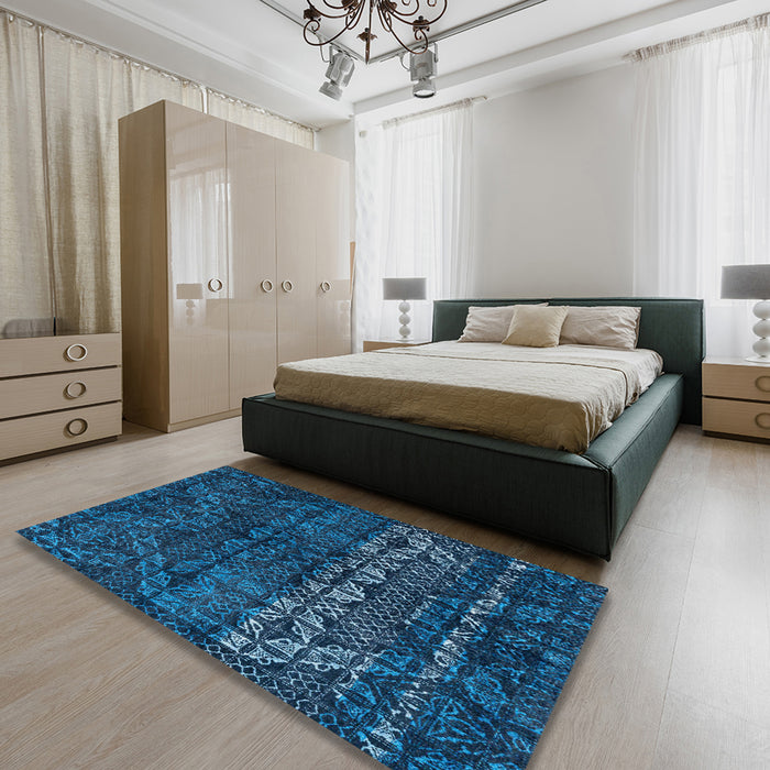 Machine Washable Abstract Bright Navy Blue Rug in a Bedroom, wshabs4499