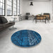 Round Abstract Bright Navy Blue Modern Rug in a Office, abs4499