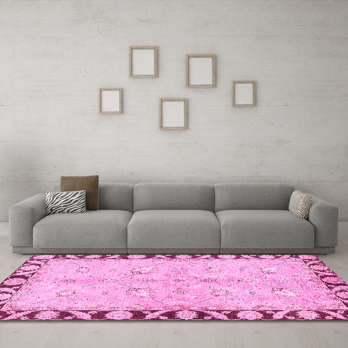 Machine Washable Oriental Pink Traditional Rug in a Living Room, wshabs449pnk