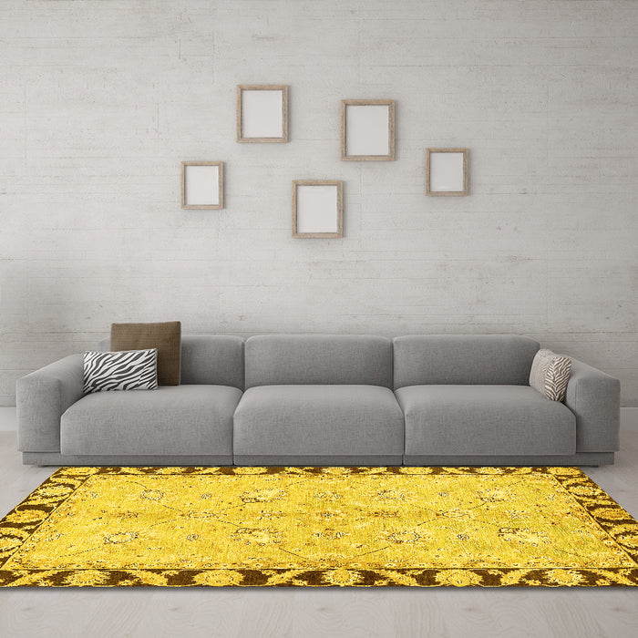 Machine Washable Oriental Yellow Traditional Rug in a Living Room, wshabs449yw