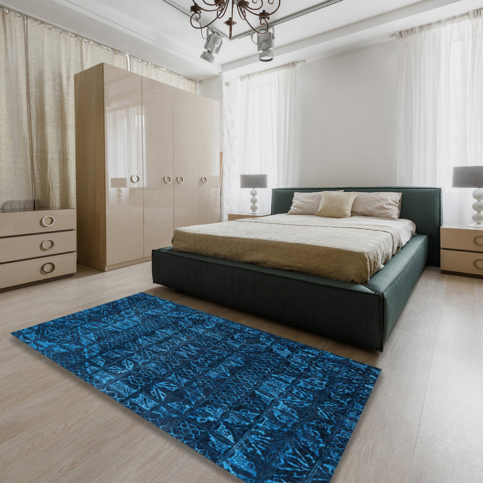 Abstract Bright Navy Blue Modern Rug in a Bedroom, abs4503