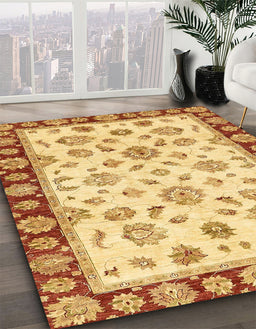 Abstract Chrome Gold Yellow Oriental Rug in Family Room, abs450