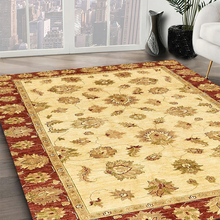 Abstract Chrome Gold Yellow Oriental Rug in Family Room, abs450