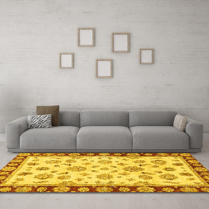 Machine Washable Oriental Yellow Traditional Rug in a Living Room, wshabs450yw