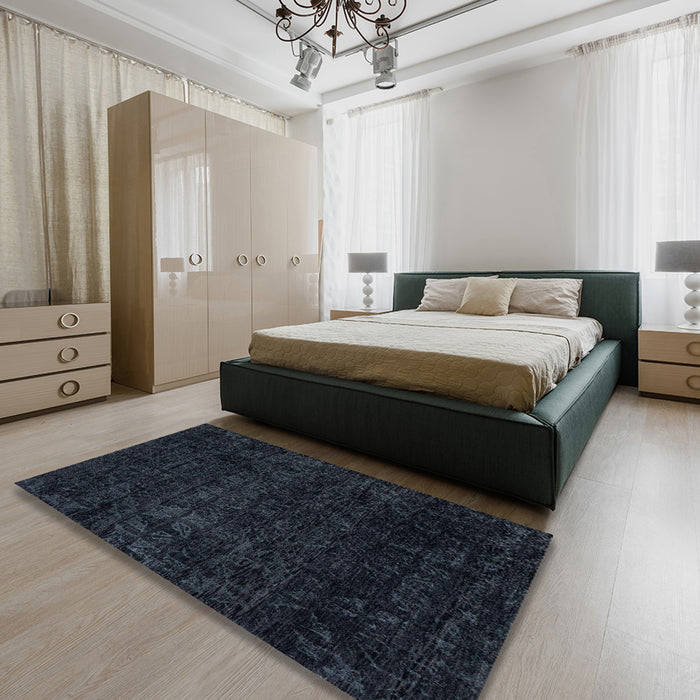 Abstract Dark Blue Grey Blue Modern Rug in a Bedroom, abs4513