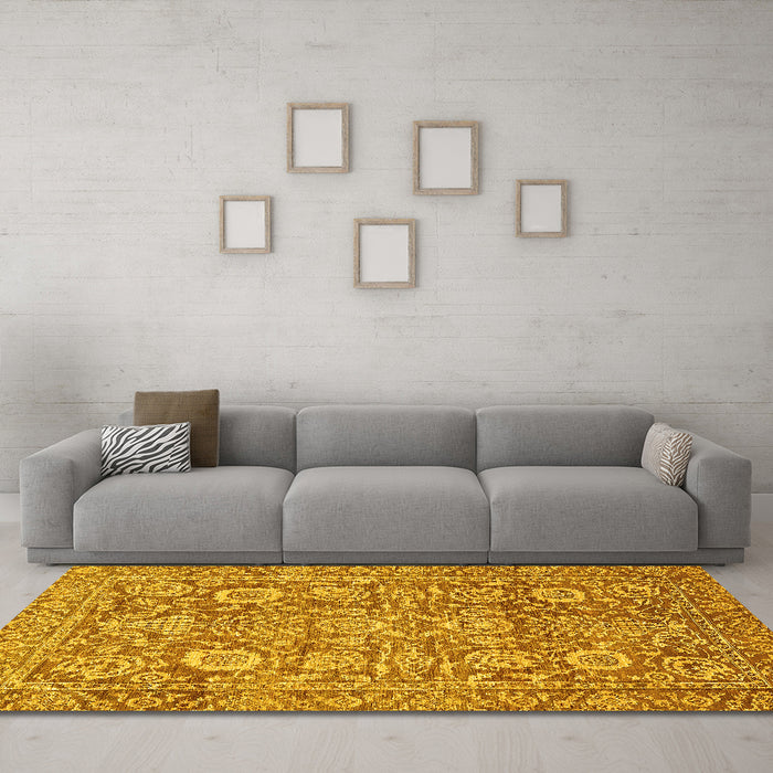 Machine Washable Oriental Yellow Traditional Rug in a Living Room, wshabs451yw