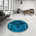 Round Machine Washable Abstract Lapis Blue Rug in a Office, wshabs4531