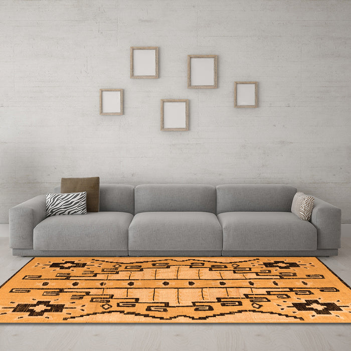 Machine Washable Abstract Orange Modern Area Rugs in a Living Room, wshabs4534org